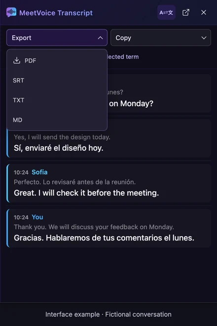 MeetVoice transcript with the export menu open